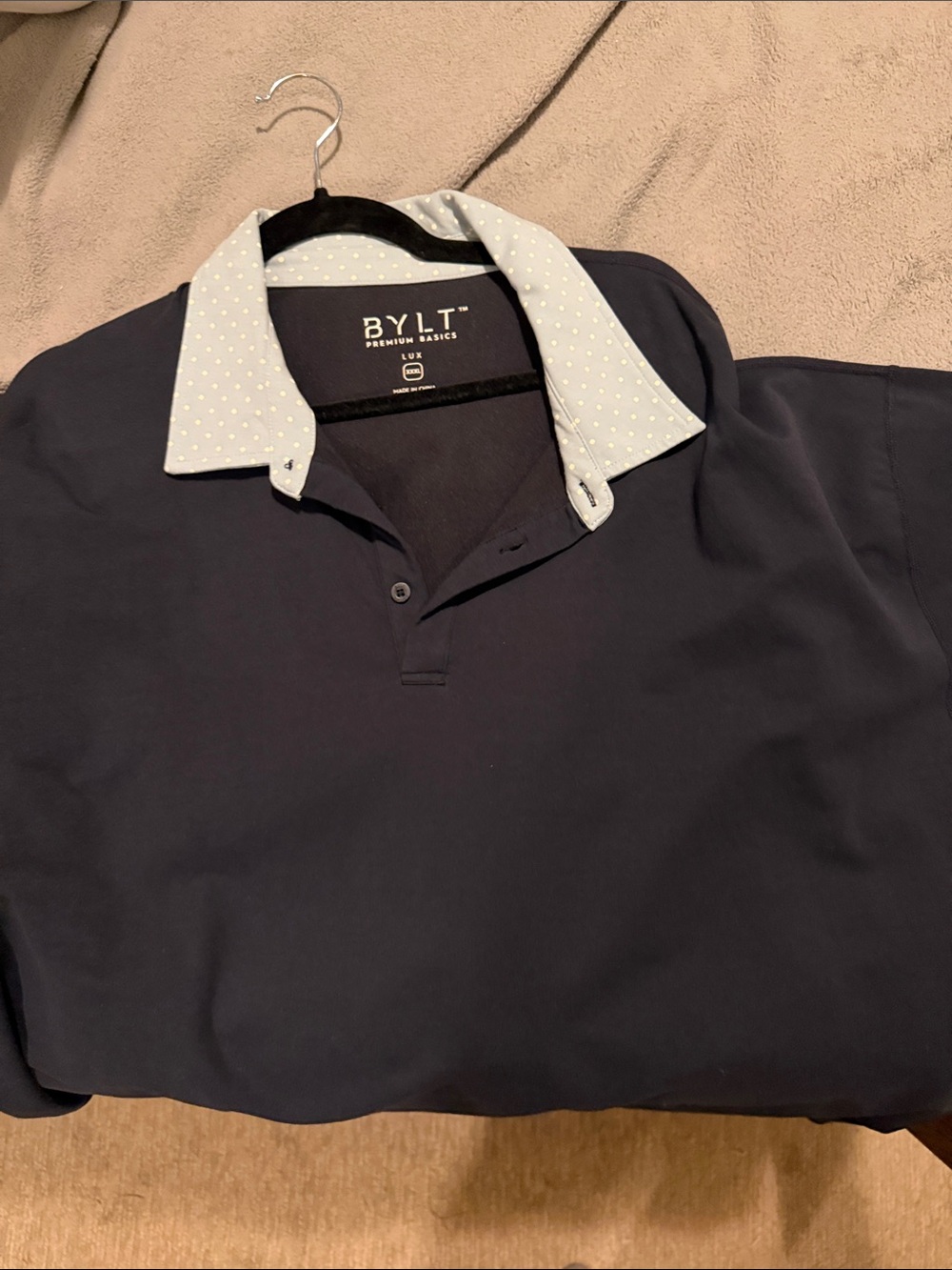 BYLT Basics Navy Polo with Light Blue Polka Dot Collar